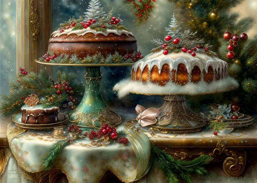 Elaborately Decorated Christmas Cakes with Festive Decorations