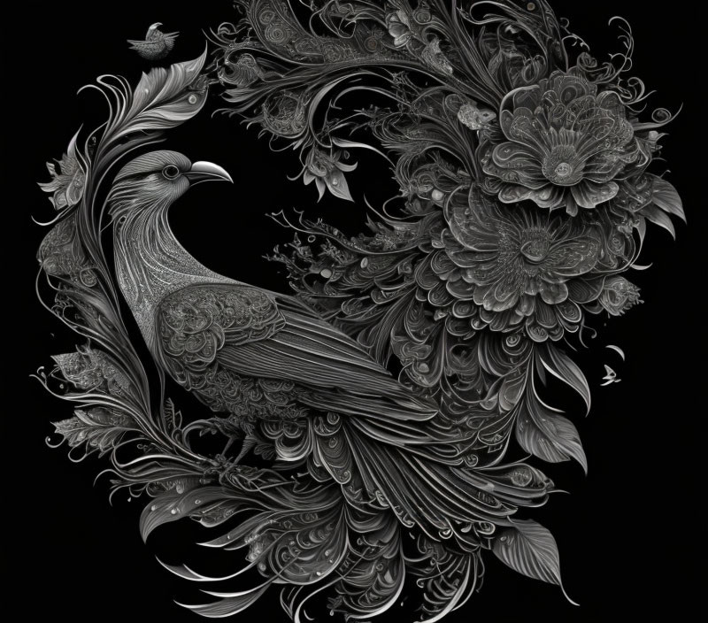 Detailed monochrome eagle illustration with floral and filigree patterns on black background