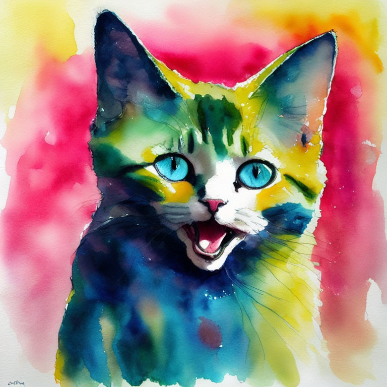 Vibrant Watercolor Painting of Joyful Cat