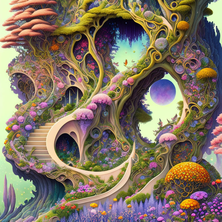 Colorful Fantasy Landscape with Intricate Treehouse & Floating Orbs