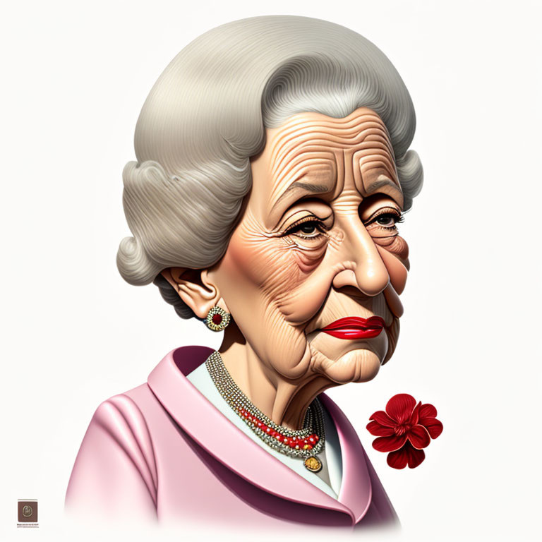 Elderly woman caricature with pearl necklace and red flower