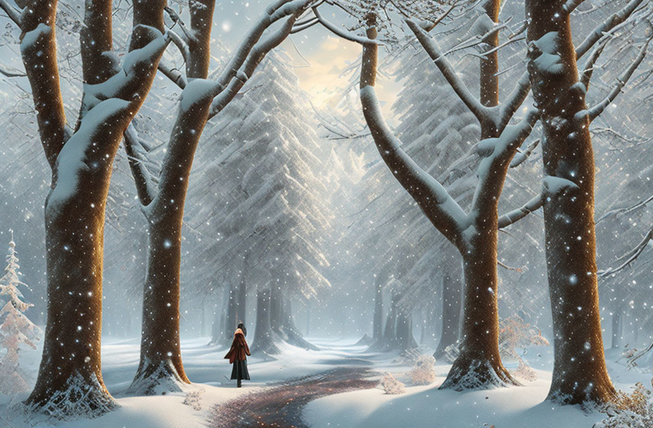 Person in red coat walking through snowy forest with tall trees and sunlight.