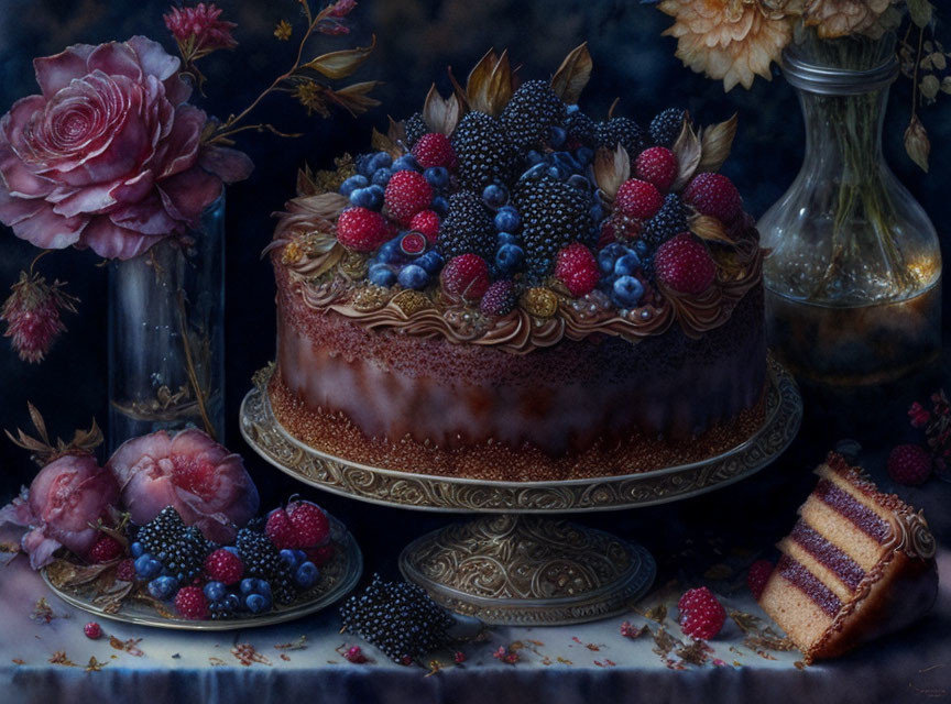 Berries-adorned cake on ornate stand with slice, flowers, and candle in baroque