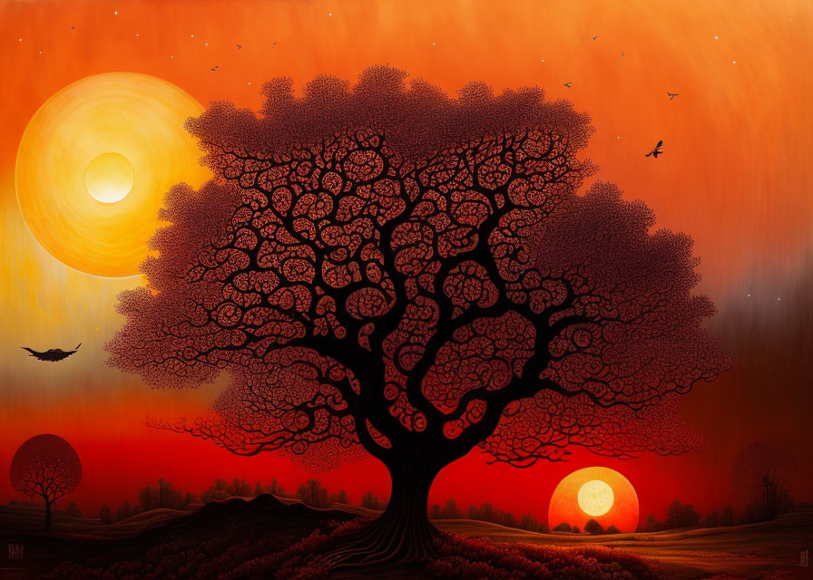 Detailed illustration: large tree against orange sky with two suns and flying birds