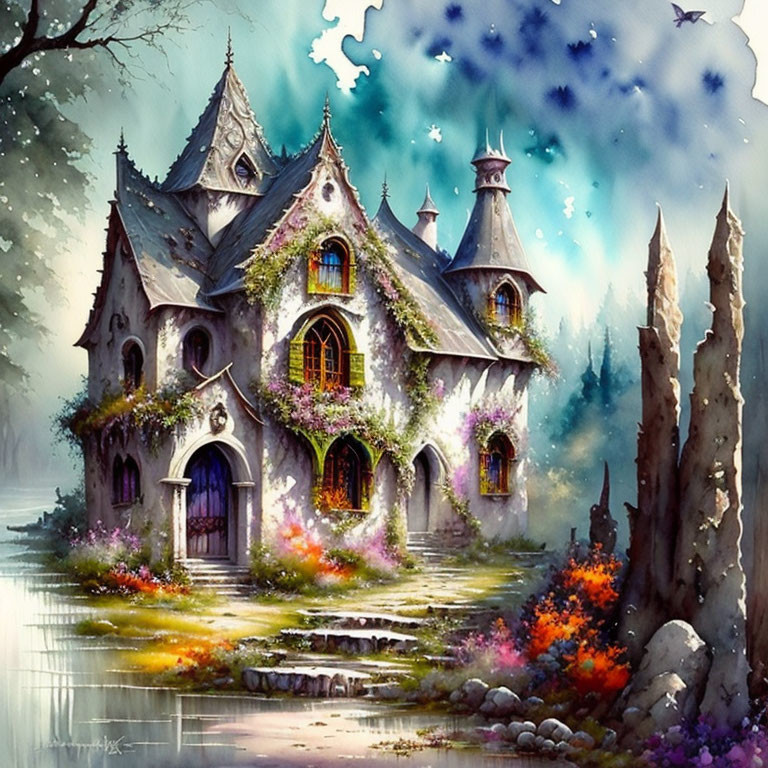 Enchanting fairy-tale castle painting with lush greenery