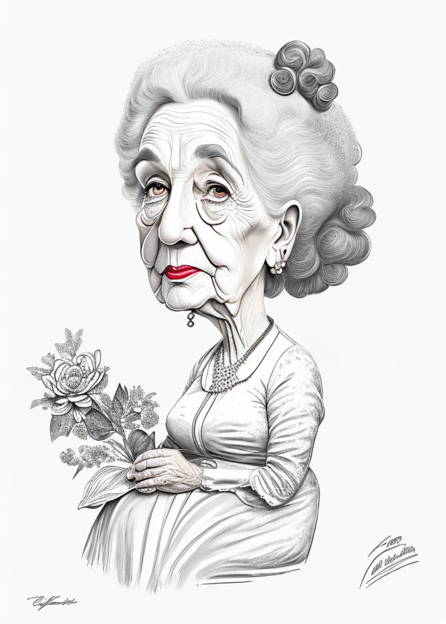 Elderly Lady Caricature in Classic Attire with Flowers