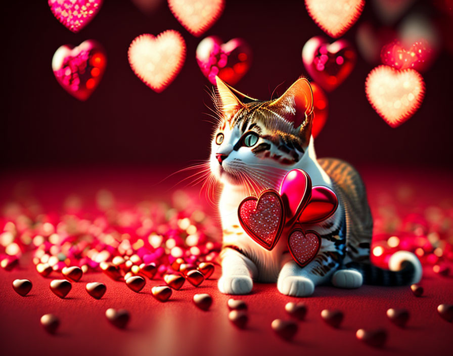 Tabby Cat Surrounded by Hearts and Glitter on Red Background