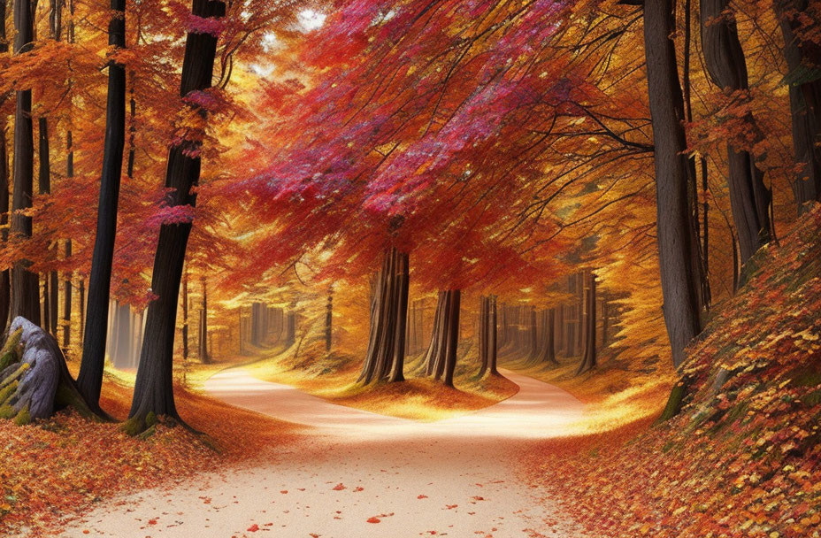 Vibrant autumn forest path with red, orange, and yellow leaves