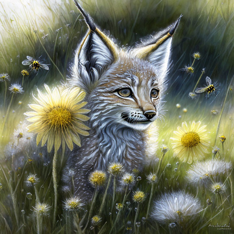 Fox in dandelion field with bees - whimsical illustration