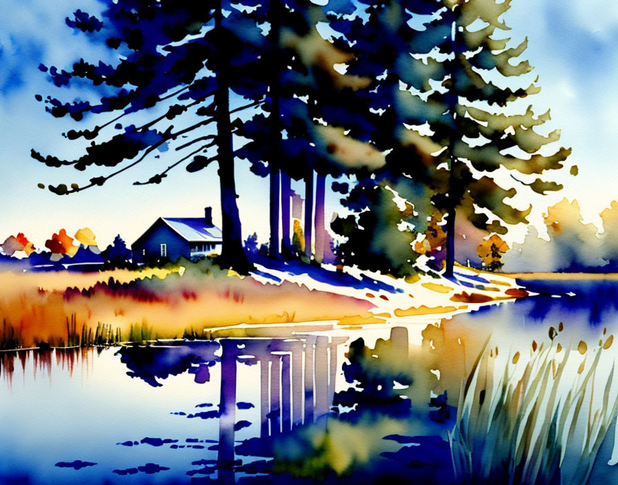 Serene lakeside watercolor painting with trees, house, and sunset reflections