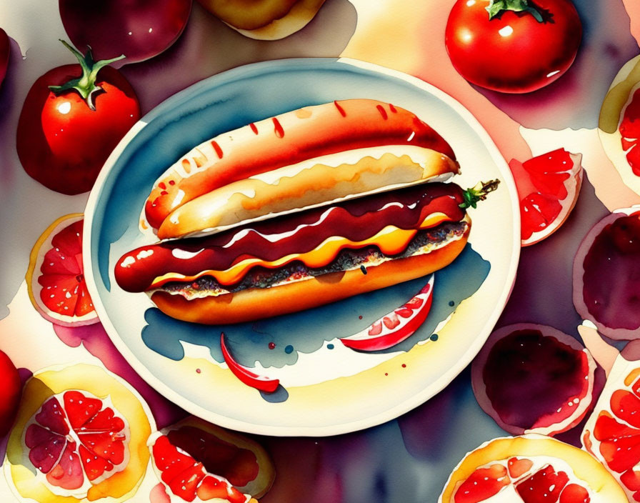 Vibrant watercolor painting of hot dogs with mustard and ketchup on a plate