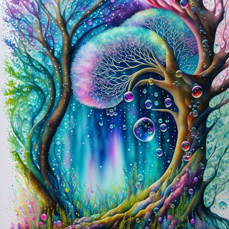 Colorful cosmic tree painting with bubbles and starry forest background