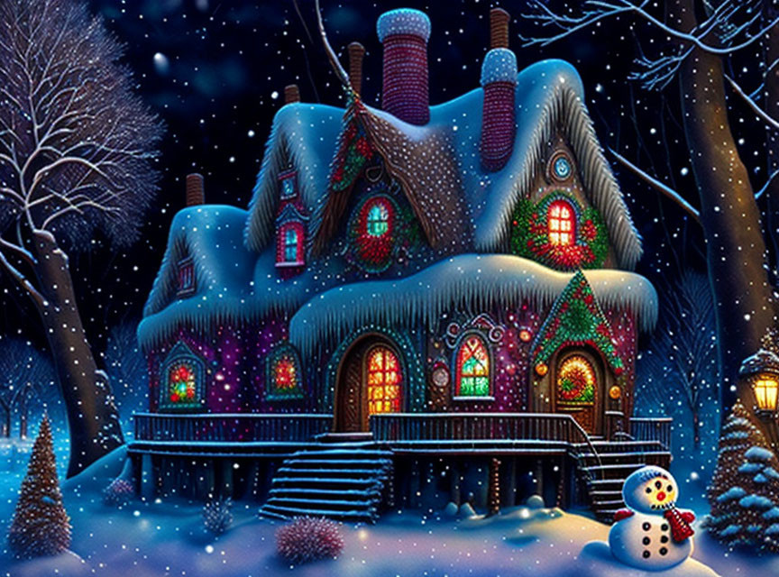 Snow-covered house with Christmas lights and snowman in whimsical winter scene