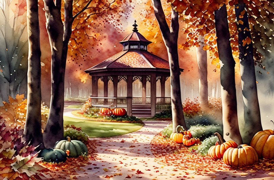 Autumn-themed wooden gazebo in serene setting.