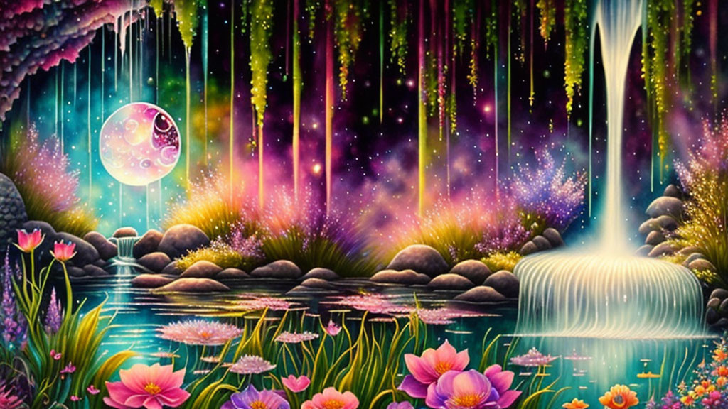 Fantasy landscape with waterfall, colorful flora, glowing moon.