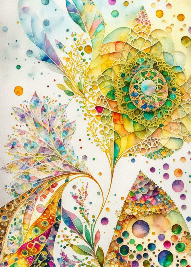 Colorful Abstract Floral Watercolor Painting with Whimsical Patterns