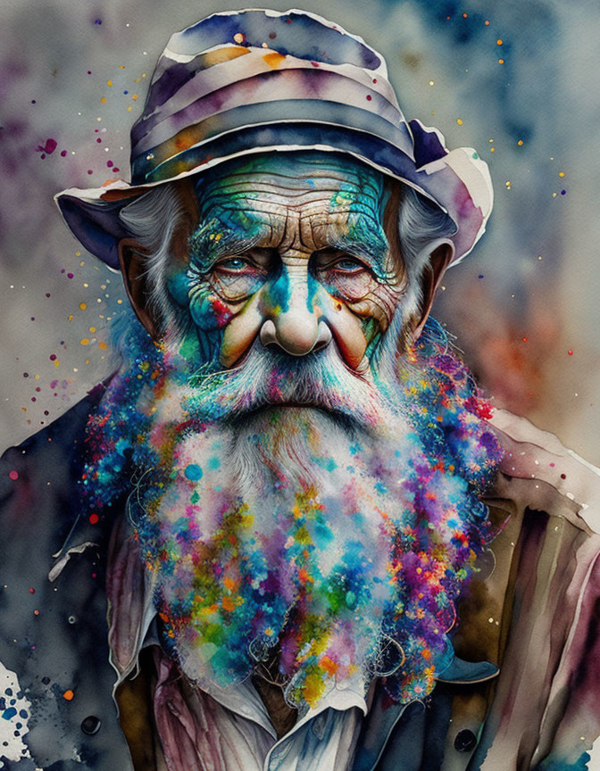 Colorful bearded elderly man in hat surrounded by vibrant colors