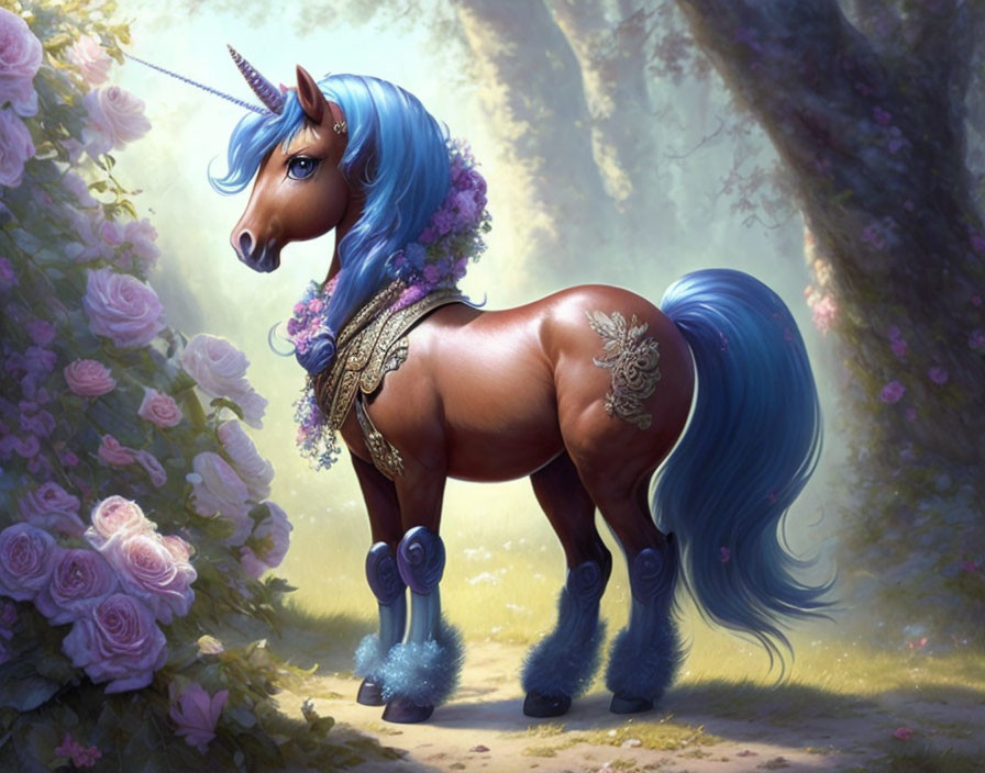 Majestic unicorn with blue mane and golden horn in enchanted forest surrounded by pink roses