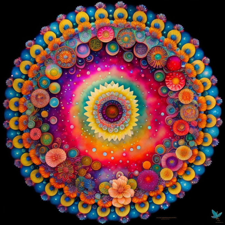 Colorful Circular Mandala with Intricate Floral Designs on Dark Background