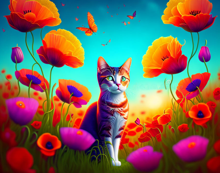 Colorful Cat in Whimsical Flower Field with Butterflies