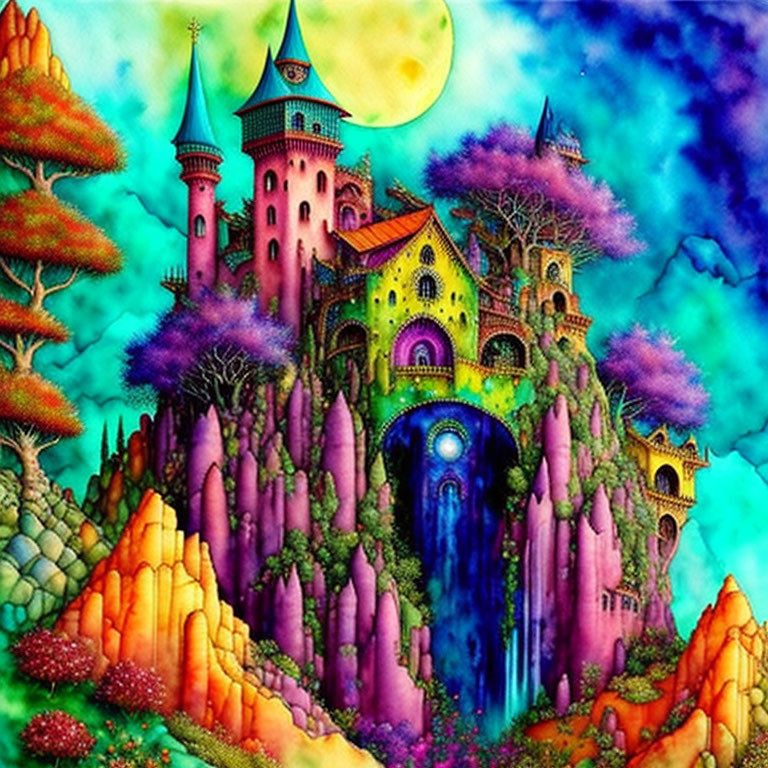 Fantasy castle on craggy peaks under moonlit sky