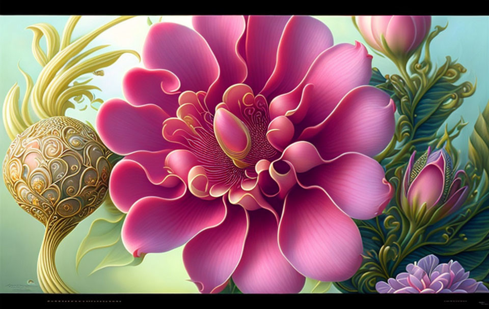 Detailed Pink Flower Illustration with Gold Sphere and Green Foliage