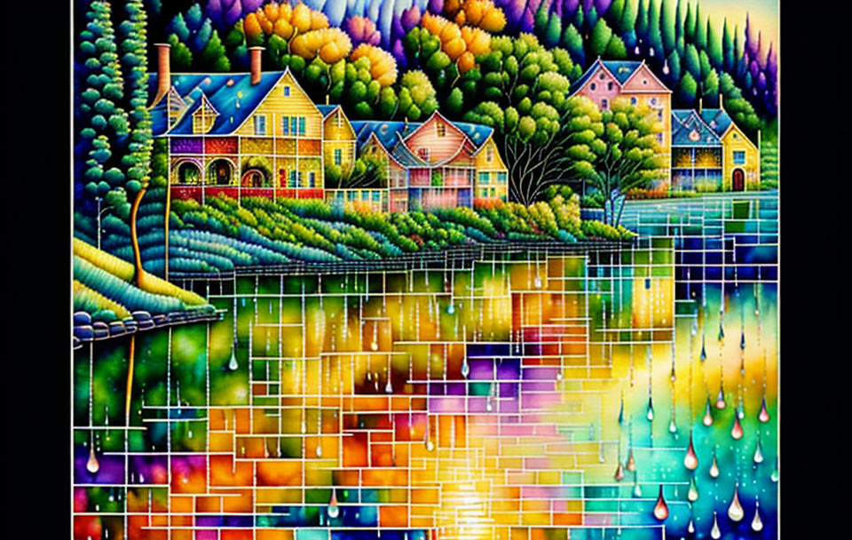 Colorful painting of whimsical houses with water reflection and raindrops