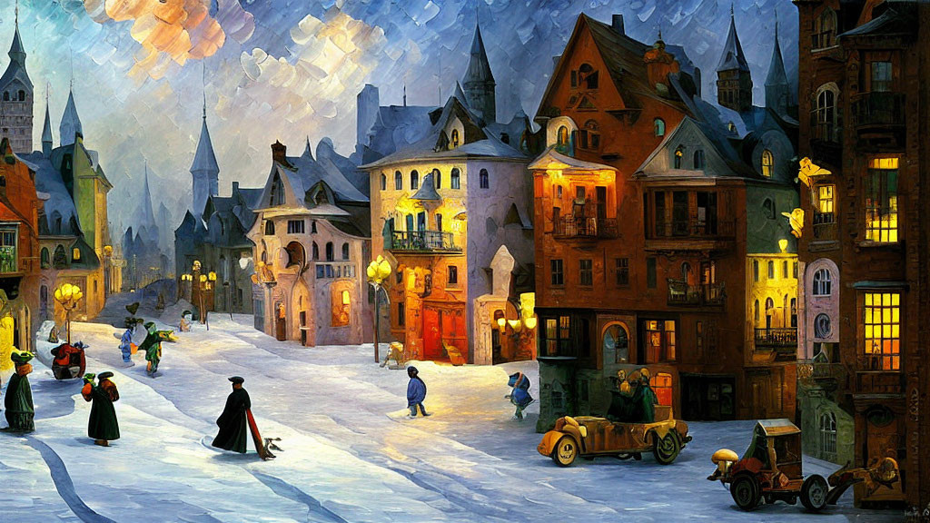 Impressionistic painting of snow-covered vintage town street