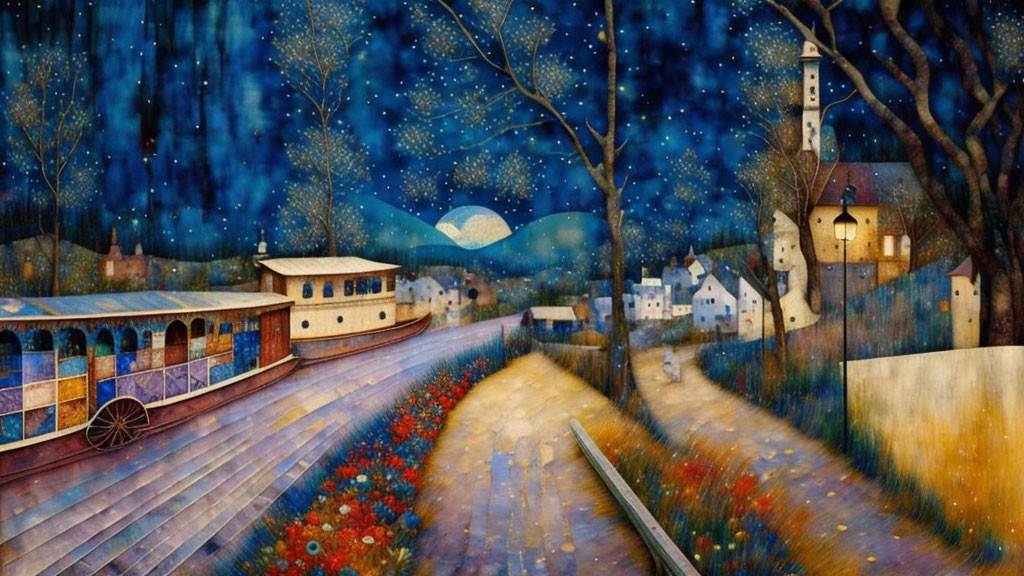 Colorful train, moonlit village & starry night scene