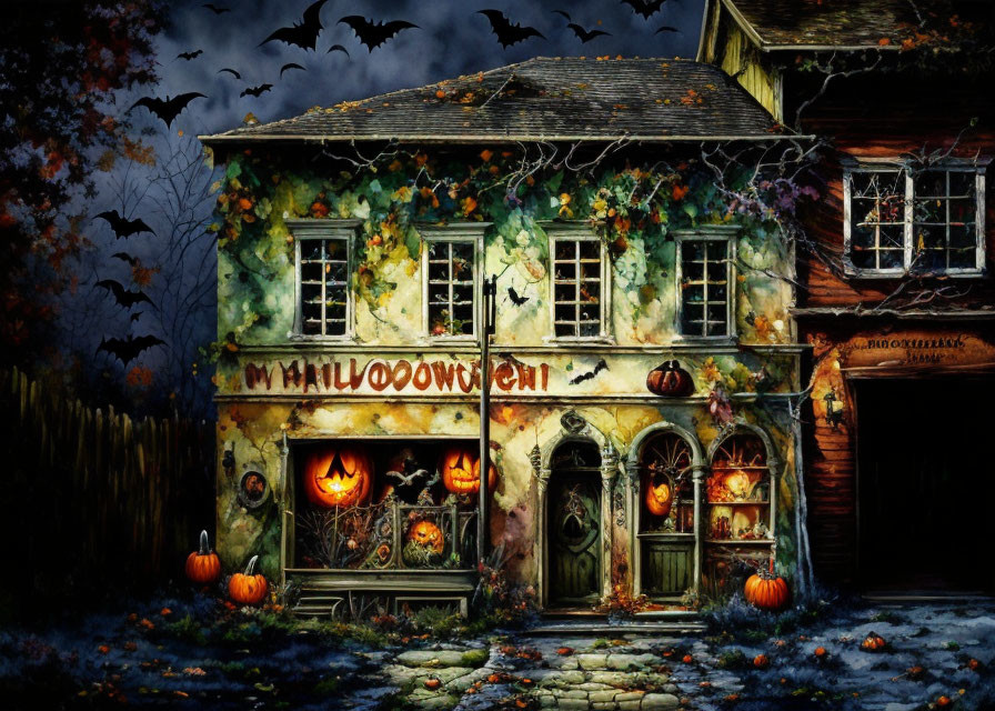 Haunted house with Jack-o'-lanterns, bats, cobwebs, and autumn leaves