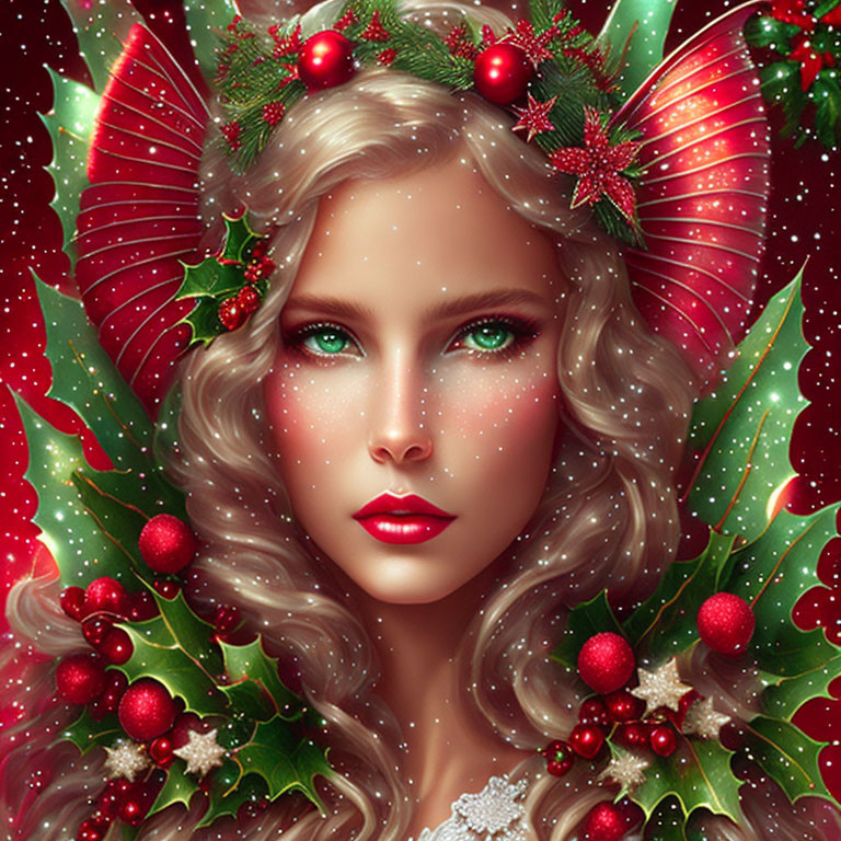 Fantasy portrait featuring woman with holly, red leaves, and snowflake decorations