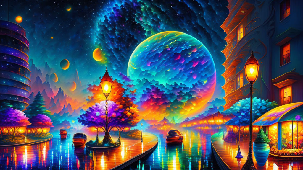 Colorful surreal riverside night scene with oversized planets and starry sky