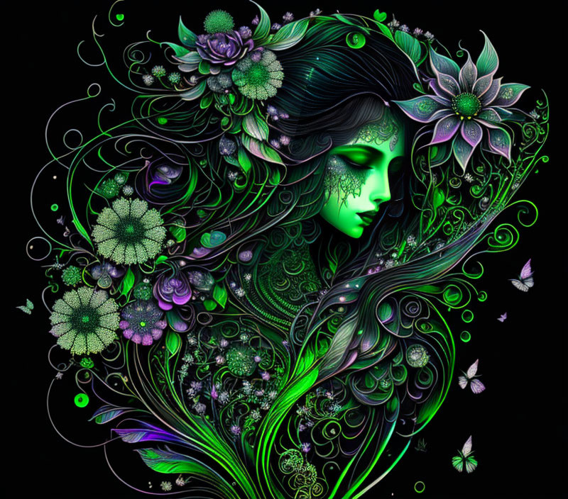 Colorful artwork of woman's profile with green skin, surrounded by floral patterns