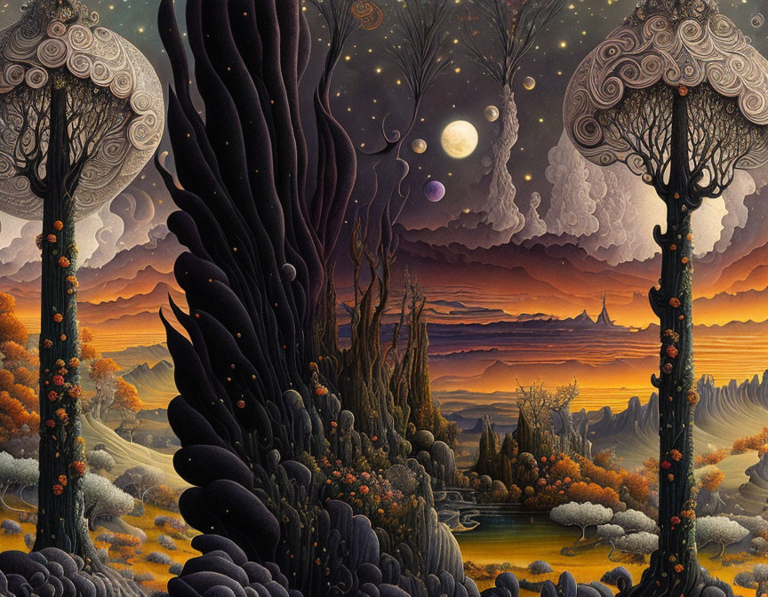 Fantasy landscape with stylized trees under a starry sky and moon in warm colors