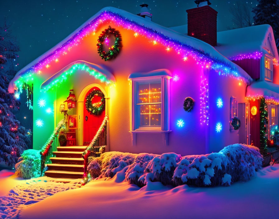 Snow-covered house with multicolored Christmas lights in snowy night