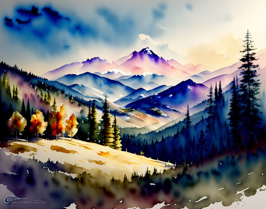 Vibrant watercolor landscape with layered mountains and autumn trees