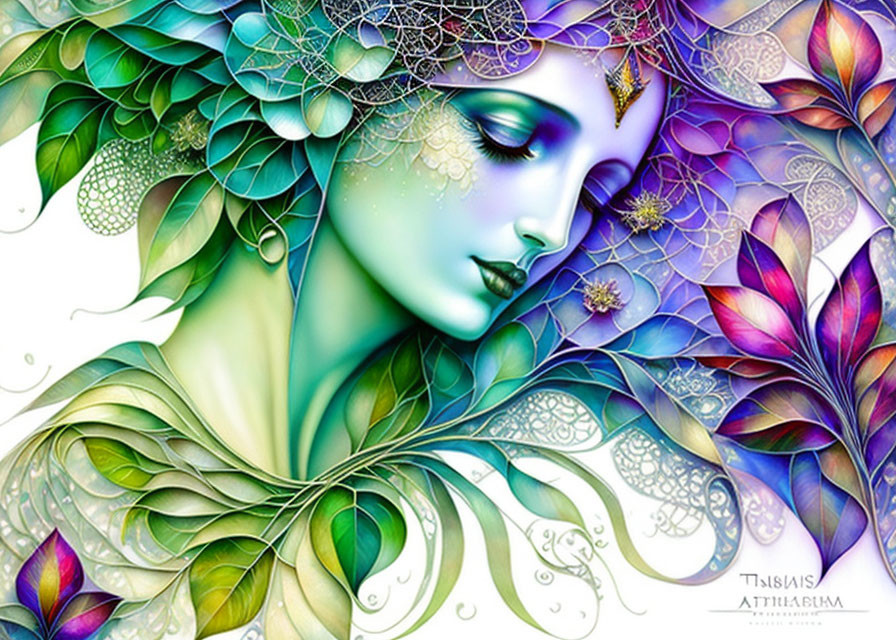 Vibrant digital artwork: Woman with floral motifs, mystical aura