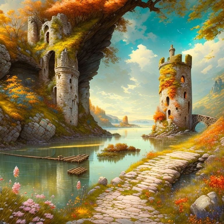 Fantasy landscape with ancient towers, autumn foliage, serene lake, stone path, wooden raft