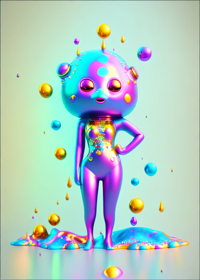 Vibrant alien character with teardrop head in shiny liquid puddle