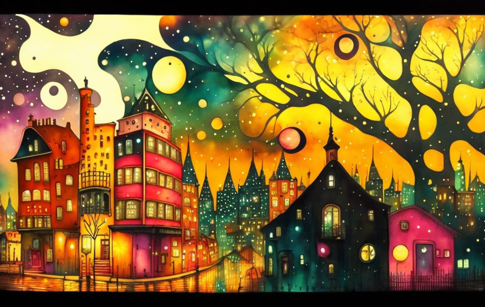 Colorful Stylized Houses & Trees Under Starry Sky