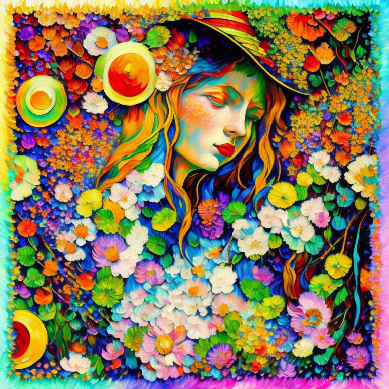 Vibrant floral portrait with whimsical elements.