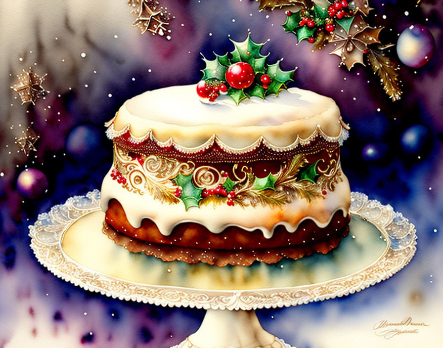 Festive Christmas cake with holly, berries, and gold accents on snowy backdrop