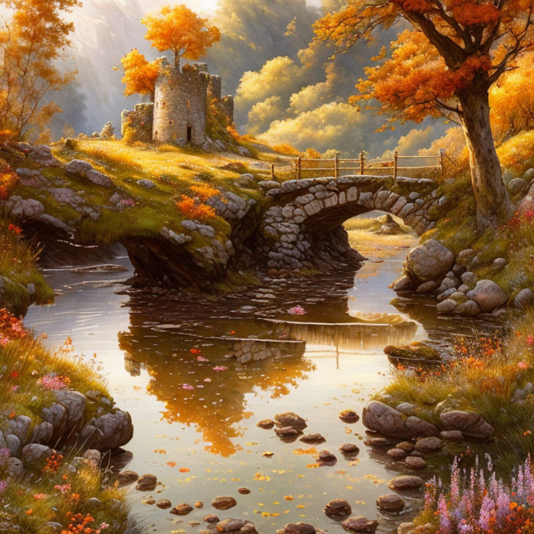 Ancient stone bridge over serene river with autumn trees.