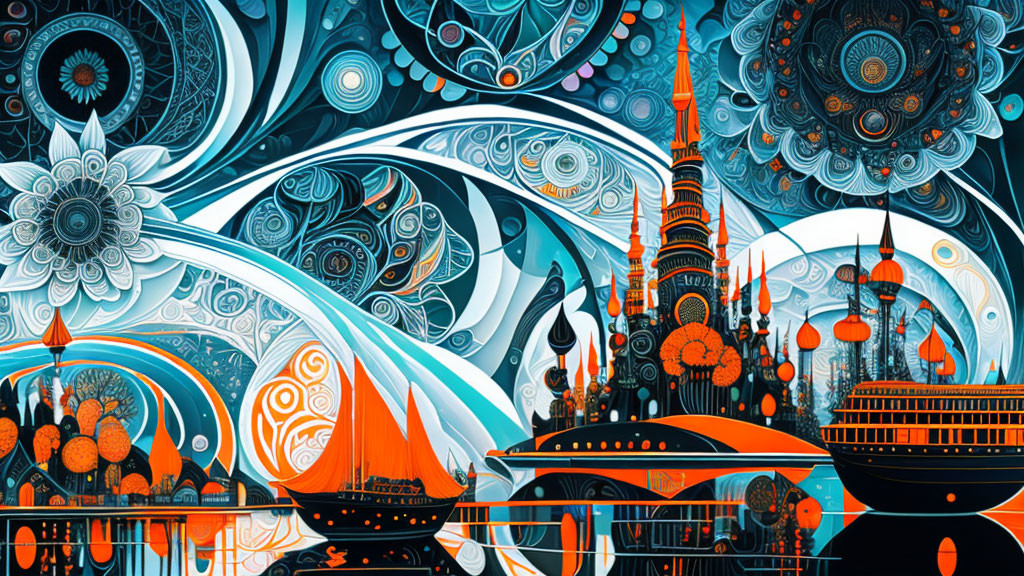 Abstract Cityscape Artwork in Orange and Blue Swirls