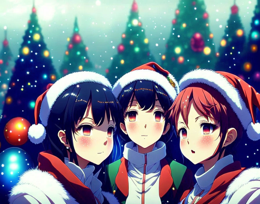 Three animated characters in Santa hats and winter clothes in front of illuminated Christmas trees at night.