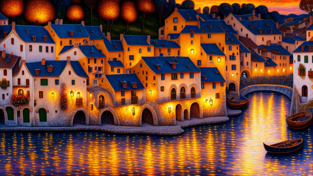 Colorful village scene with whimsical houses, river, boats, and lanterns at dusk