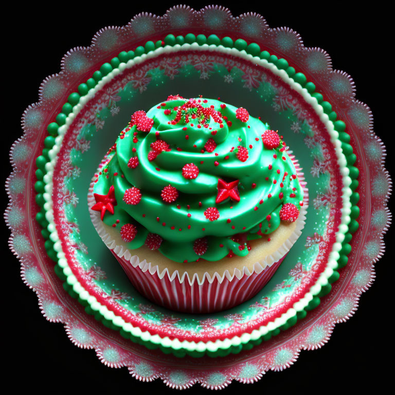 Colorful Festive Cupcake with Green Icing and Red Star Decorations