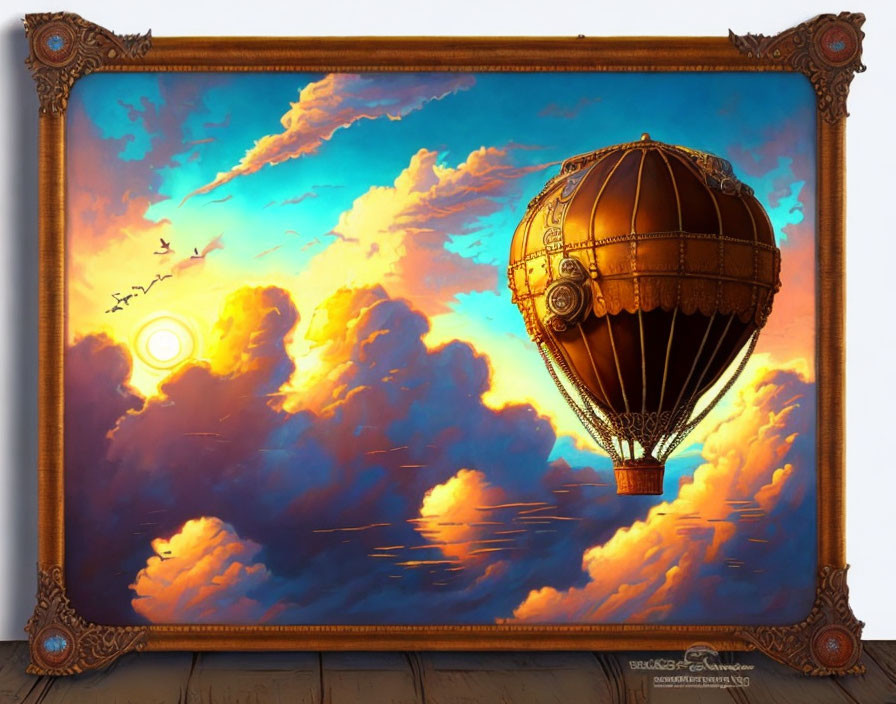 Colorful hot air balloon painting in sunset sky with birds and gallery view.