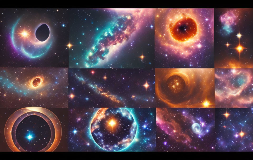 Twelve cosmic images of galaxies, nebulae, and stars in vibrant colors