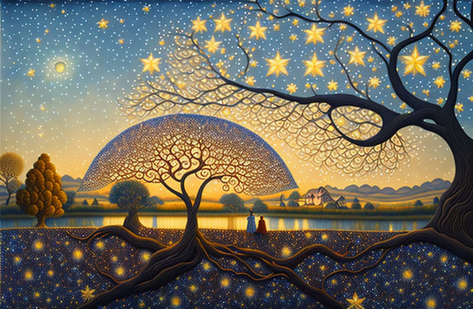 Starry Night Painting with Two People Under Tree